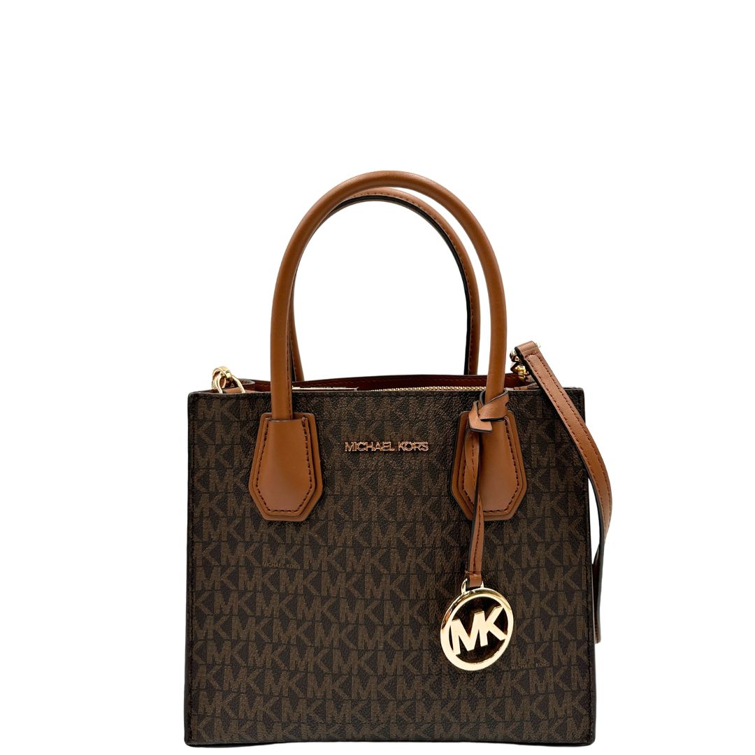 front  Borsa MK in canvas sulle tonalità del marrone con stampa logo MK  
