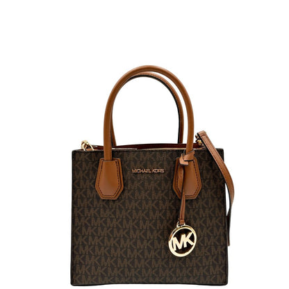 front  Borsa MK in canvas sulle tonalità del marrone con stampa logo MK  