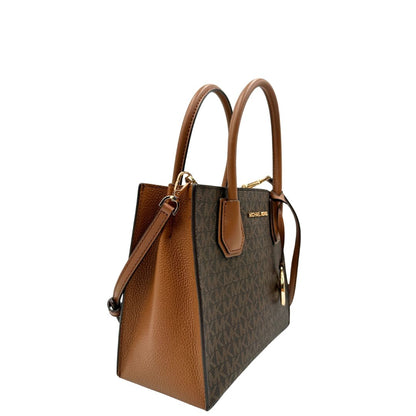 lato  Borsa MK in canvas sulle tonalità del marrone con stampa logo MK 