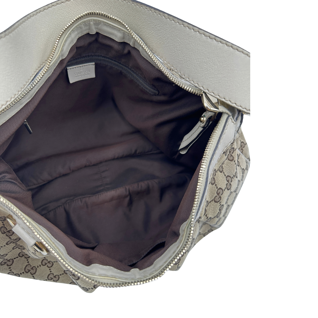 interno Borsa Gucci in tessuto GG e pelle bianco avorio, di lusso, originale, usata 