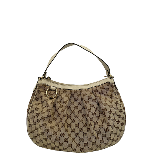 front Borsa Gucci in tessuto GG e pelle bianco avorio, di lusso, originale, usata 