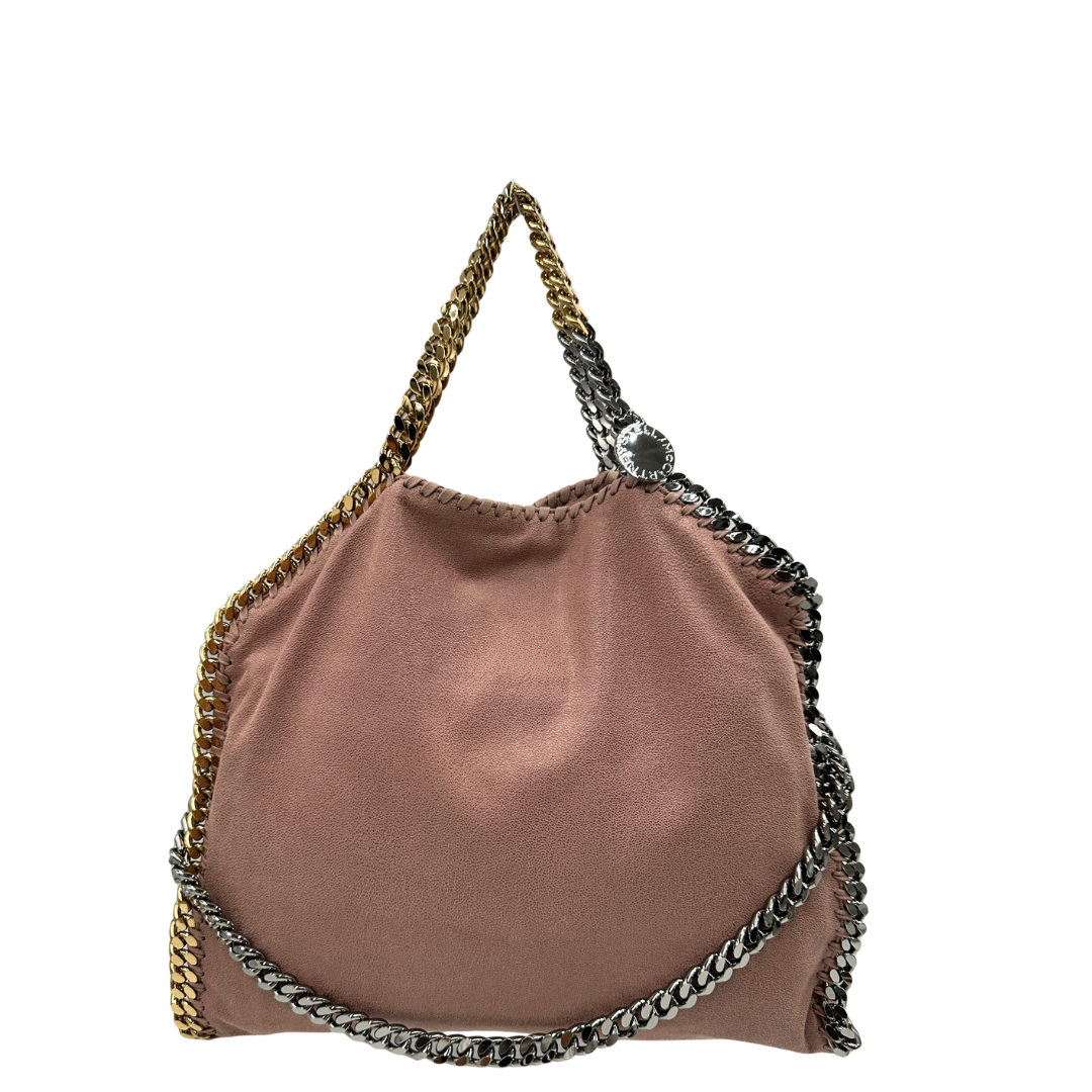 Front,  Borsa Stella McCartney Falabella Fold Over Tote in tessuto vegano rosa antico con catene dorate e argentate. Da portare a mano oppure a spalla. Originale, usata, di lusso, in ottime condizioni.