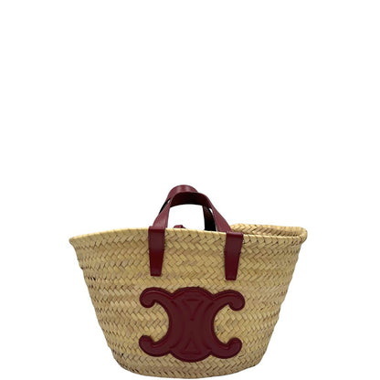 Front, Borsa Celine in rafia beige e finiture in pelle bordeaux, munita di doppi manici e una tracolla in pelle. Indossabile a mano oppure a spalla. Originale, usata, di lusso, in ottime condizioni.