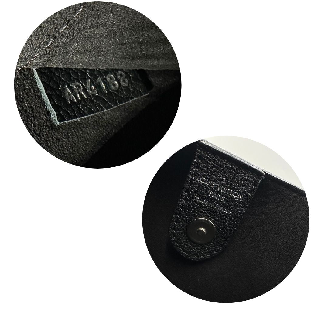  Borsa LV in pelle nera con parti metalliche argentate; munita di doppi manici stondati e una tracolla amovibile. 