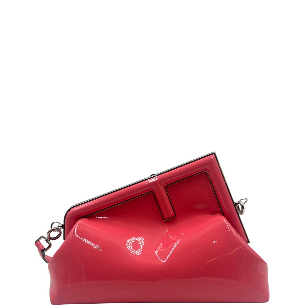 Borsa Fendi First in pelle verniciata color rosa fragola, di lusso, originale, ottime condizioni, usata