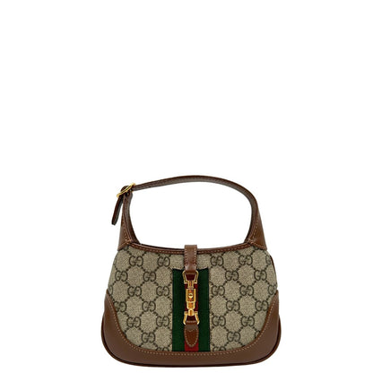 front  Borsa Gucci Jackie in canvas GG e pelle marrone, munita di un elemento allungabile per poterla portare comodamente a tracolla, di lusso, originale, eccellenti condizioni, usata. 