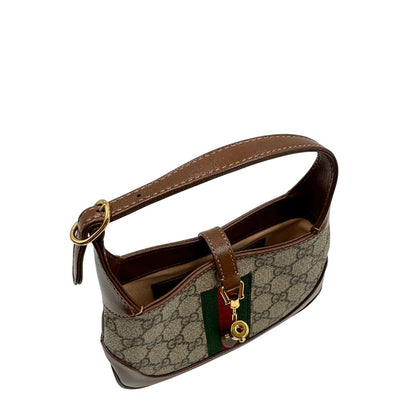  Borsa Gucci Jackie in canvas GG e pelle marrone, munita di un elemento allungabile per poterla portare comodamente a tracolla, di lusso, originale, eccellenti condizioni, usata. 