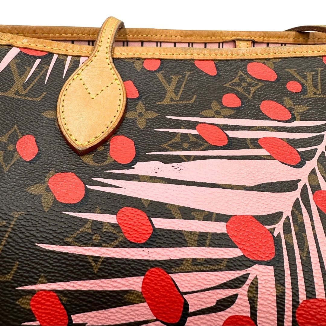 Borsa Louis Vuitton Neverfull MM in canvas marrone monogram con finiture in vacchetta naturale e parti metalliche dorate, caratterizzata da motivo Palm Dots; munita di doppi manici, indossabile a spalla, di lusso, originale, ottime condizioni. 