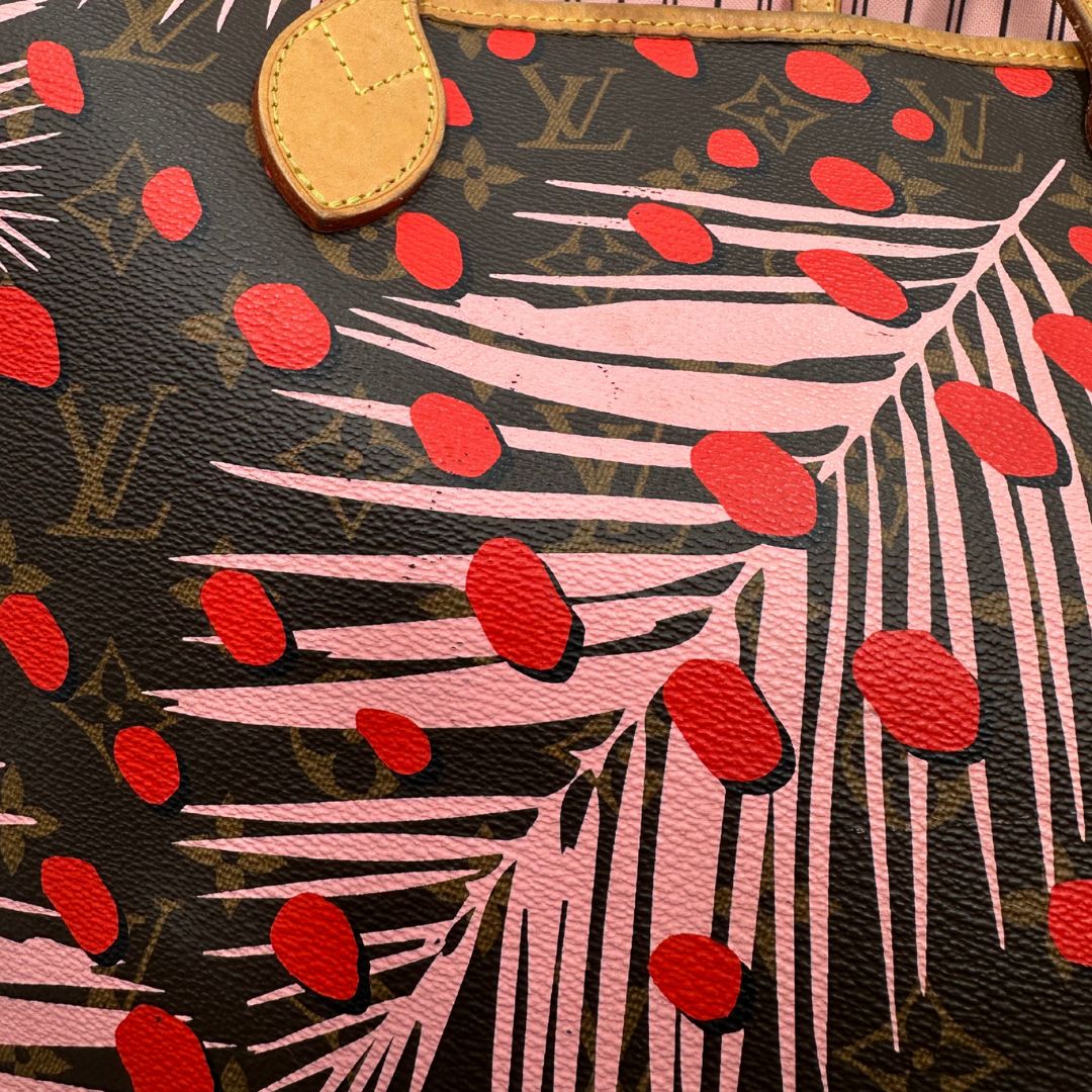 dots Borsa Louis Vuitton Neverfull MM in canvas marrone monogram con finiture in vacchetta naturale e parti metalliche dorate, caratterizzata da motivo Palm Dots; munita di doppi manici, indossabile a spalla, di lusso, originale, ottime condizioni. 