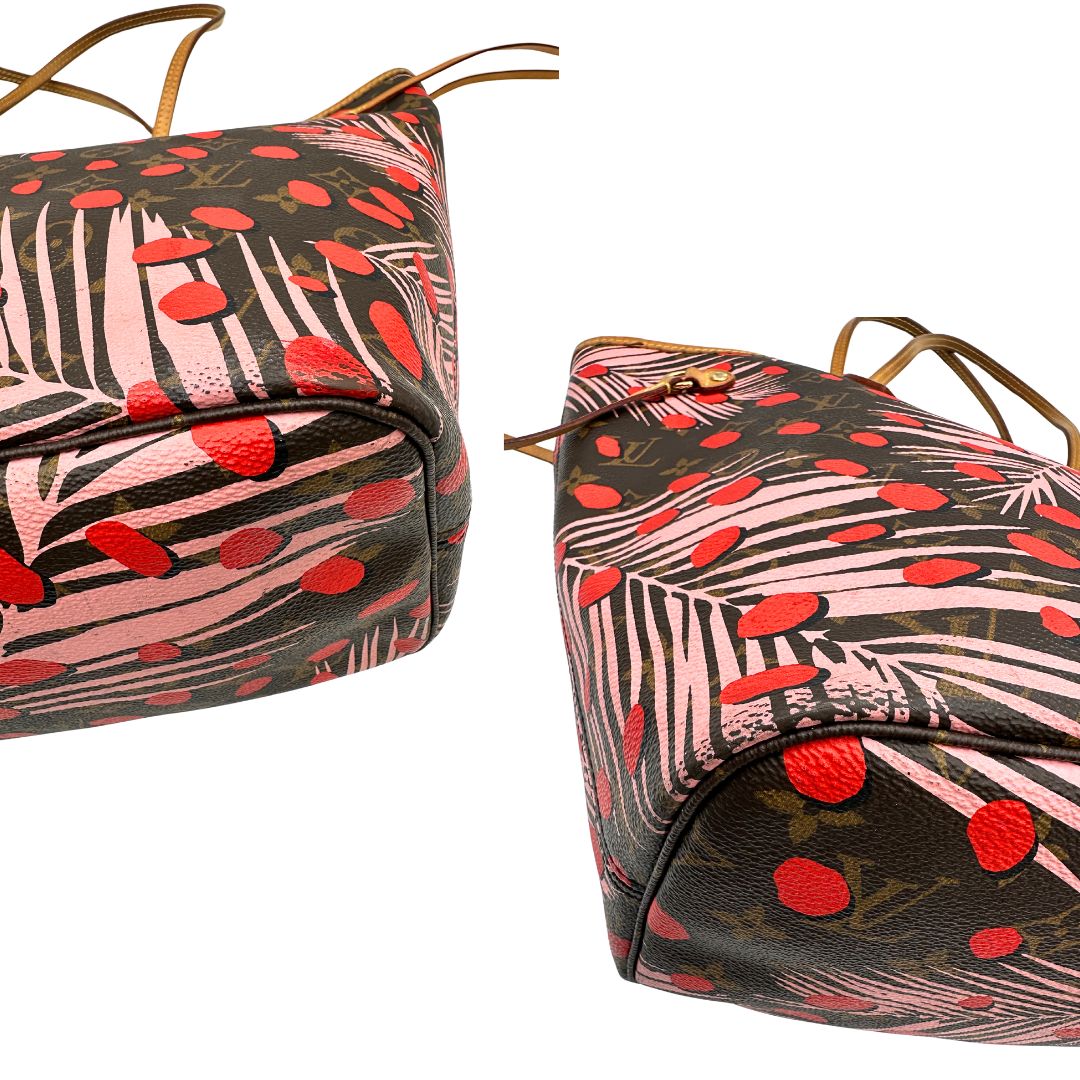 angoli Borsa Louis Vuitton Neverfull MM in canvas marrone monogram con finiture in vacchetta naturale e parti metalliche dorate, caratterizzata da motivo Palm Dots; munita di doppi manici, indossabile a spalla, di lusso, originale, ottime condizioni. 