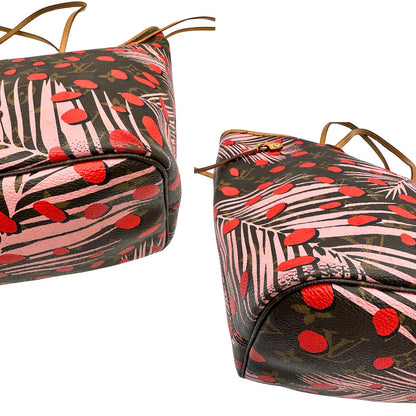 angoli Borsa Louis Vuitton Neverfull MM in canvas marrone monogram con finiture in vacchetta naturale e parti metalliche dorate, caratterizzata da motivo Palm Dots; munita di doppi manici, indossabile a spalla, di lusso, originale, ottime condizioni. 