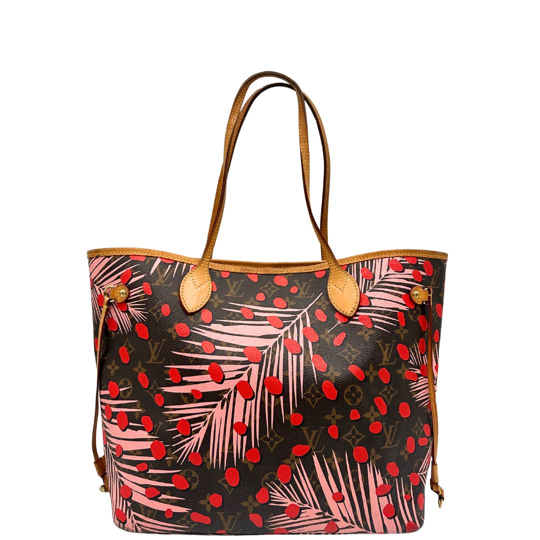 front Borsa Louis Vuitton Neverfull MM in canvas marrone monogram con finiture in vacchetta naturale e parti metalliche dorate, caratterizzata da motivo Palm Dots; munita di doppi manici, indossabile a spalla, di lusso, originale, ottime condizioni.