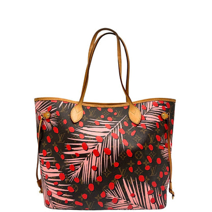 front Borsa Louis Vuitton Neverfull MM in canvas marrone monogram con finiture in vacchetta naturale e parti metalliche dorate, caratterizzata da motivo Palm Dots; munita di doppi manici, indossabile a spalla, di lusso, originale, ottime condizioni.