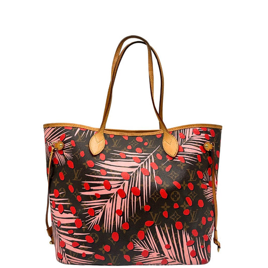 front Borsa Louis Vuitton Neverfull MM in canvas marrone monogram con finiture in vacchetta naturale e parti metalliche dorate, caratterizzata da motivo Palm Dots; munita di doppi manici, indossabile a spalla, di lusso, originale, ottime condizioni.