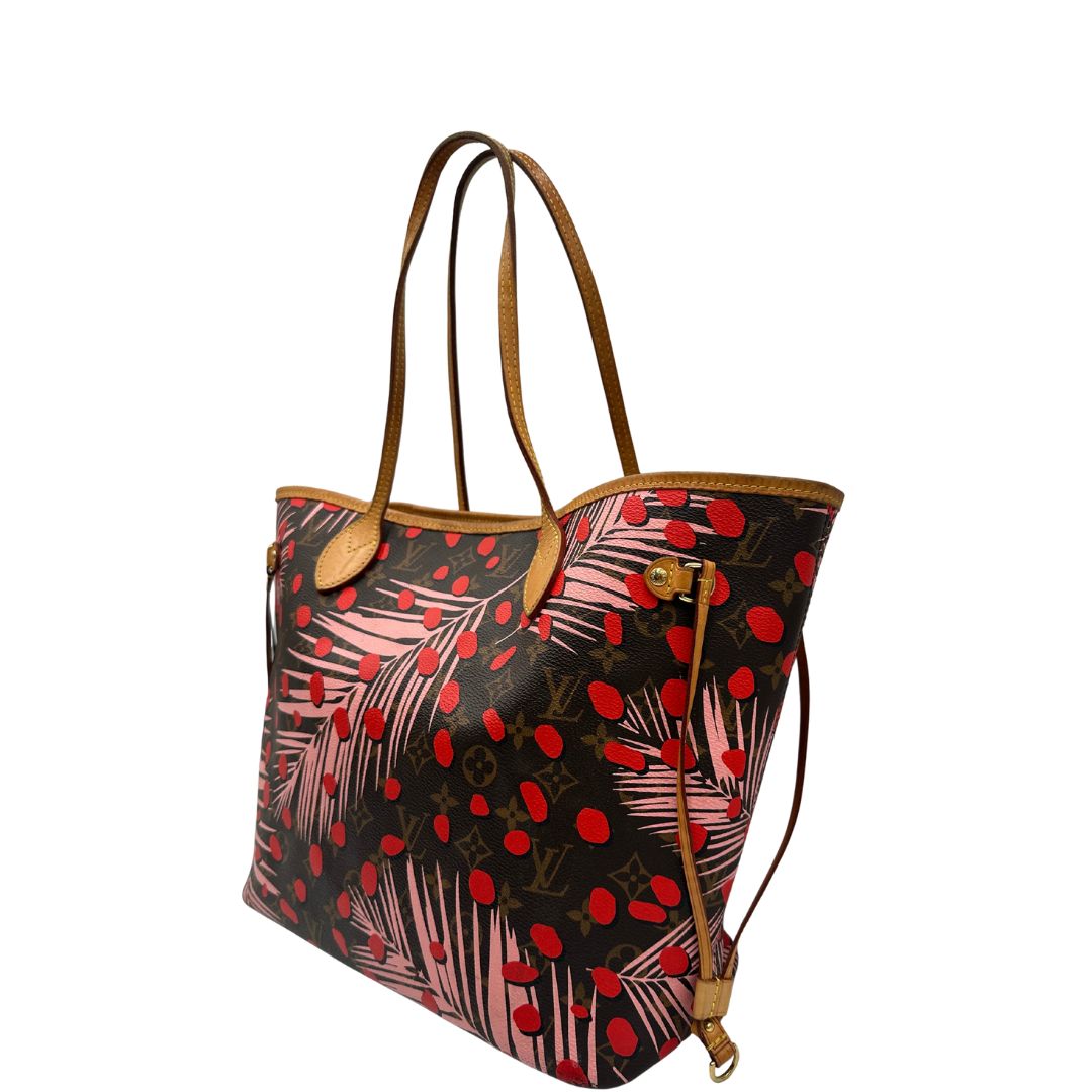 lato Borsa Louis Vuitton Neverfull MM in canvas marrone monogram con finiture in vacchetta naturale e parti metalliche dorate, caratterizzata da motivo Palm Dots; munita di doppi manici, indossabile a spalla, di lusso, originale, ottime condizioni. 