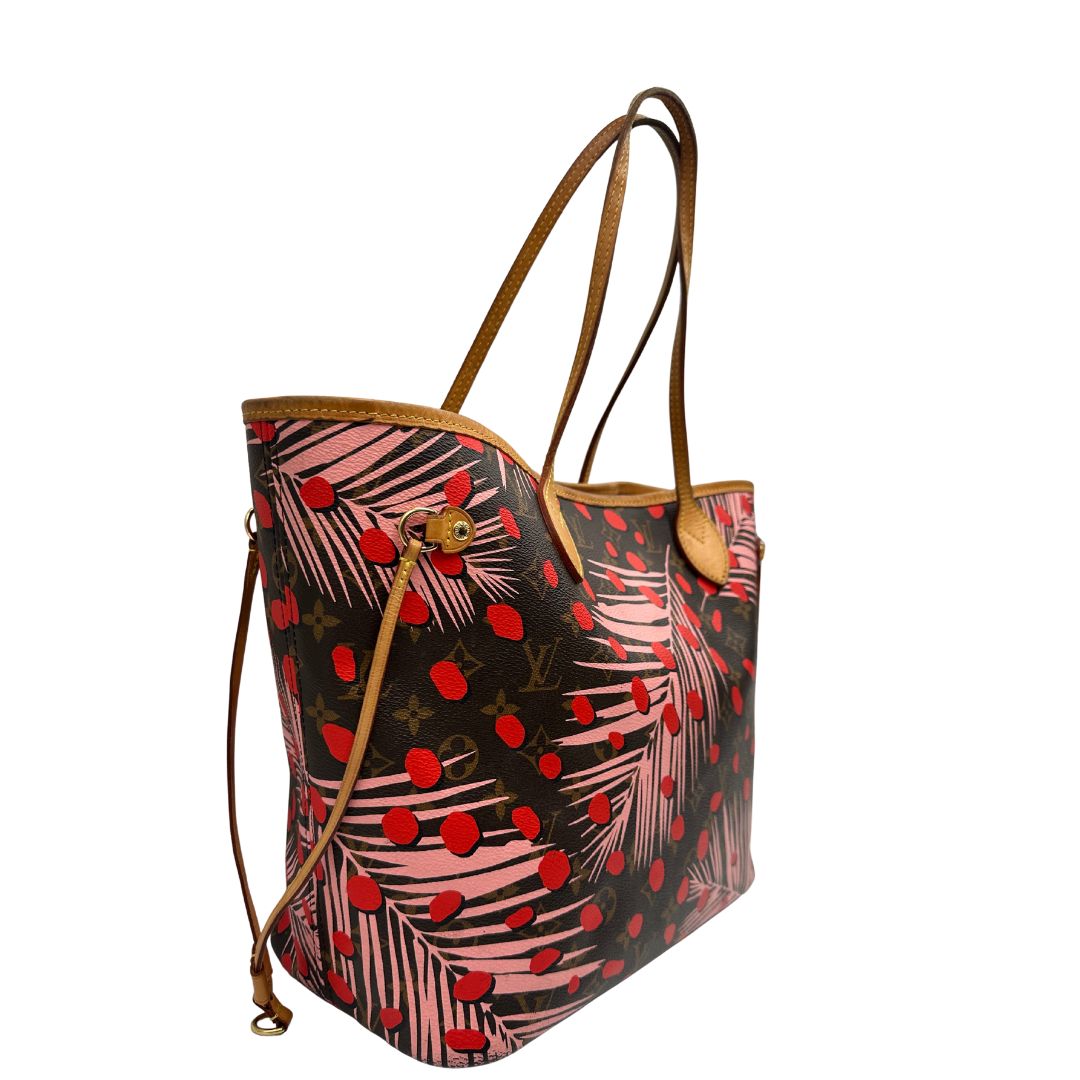 lato della Borsa Louis Vuitton Neverfull MM in canvas marrone monogram con finiture in vacchetta naturale e parti metalliche dorate, caratterizzata da motivo Palm Dots; munita di doppi manici, indossabile a spalla, di lusso, originale, ottime condizioni.