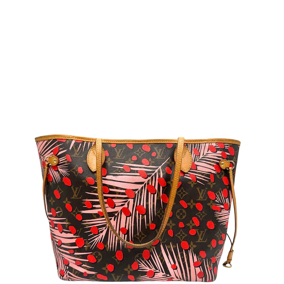 retro Borsa Louis Vuitton Neverfull MM in canvas marrone monogram con finiture in vacchetta naturale e parti metalliche dorate, caratterizzata da motivo Palm Dots; munita di doppi manici, indossabile a spalla, di lusso, originale, ottime condizioni. 