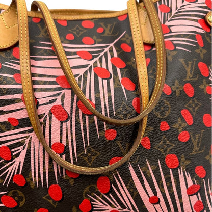 manici Borsa Louis Vuitton Neverfull MM in canvas marrone monogram con finiture in vacchetta naturale e parti metalliche dorate, caratterizzata da motivo Palm Dots; munita di doppi manici, indossabile a spalla, di lusso, originale, ottime condizioni. 