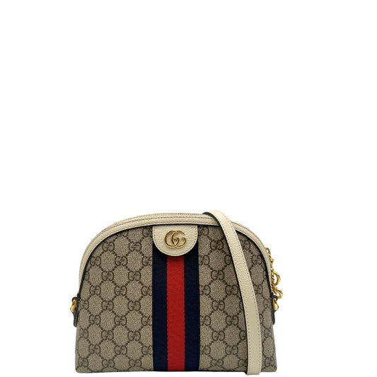 Borsa Gucci realizzata in canvas GG con finiture in pelle bianco latte, di lusso, originale, usata