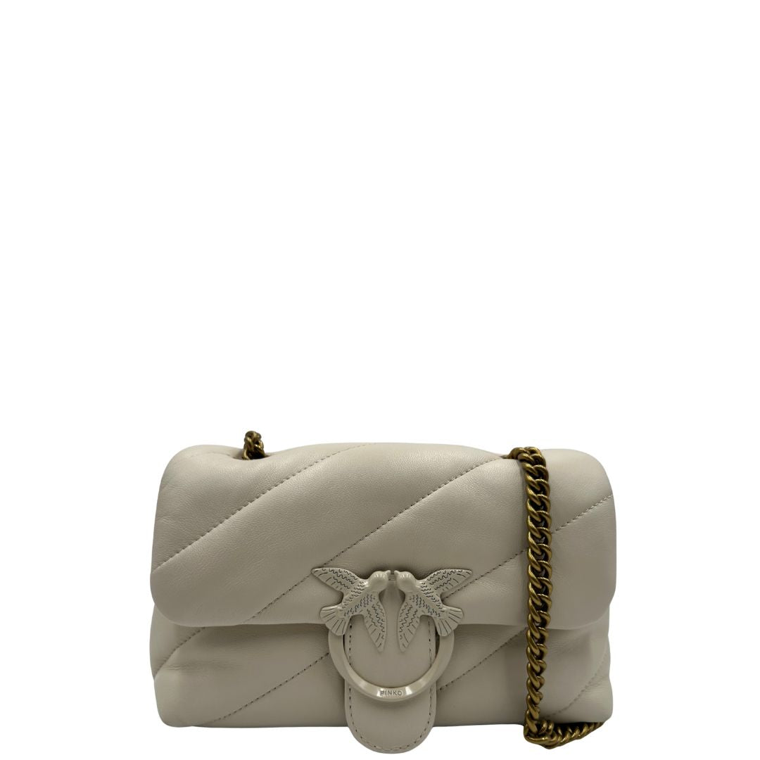 front  Borsa Pinko in morbida nappa color bianco panna trapuntata e hardware bianco, di lusso, originale, ottime condizioni. 