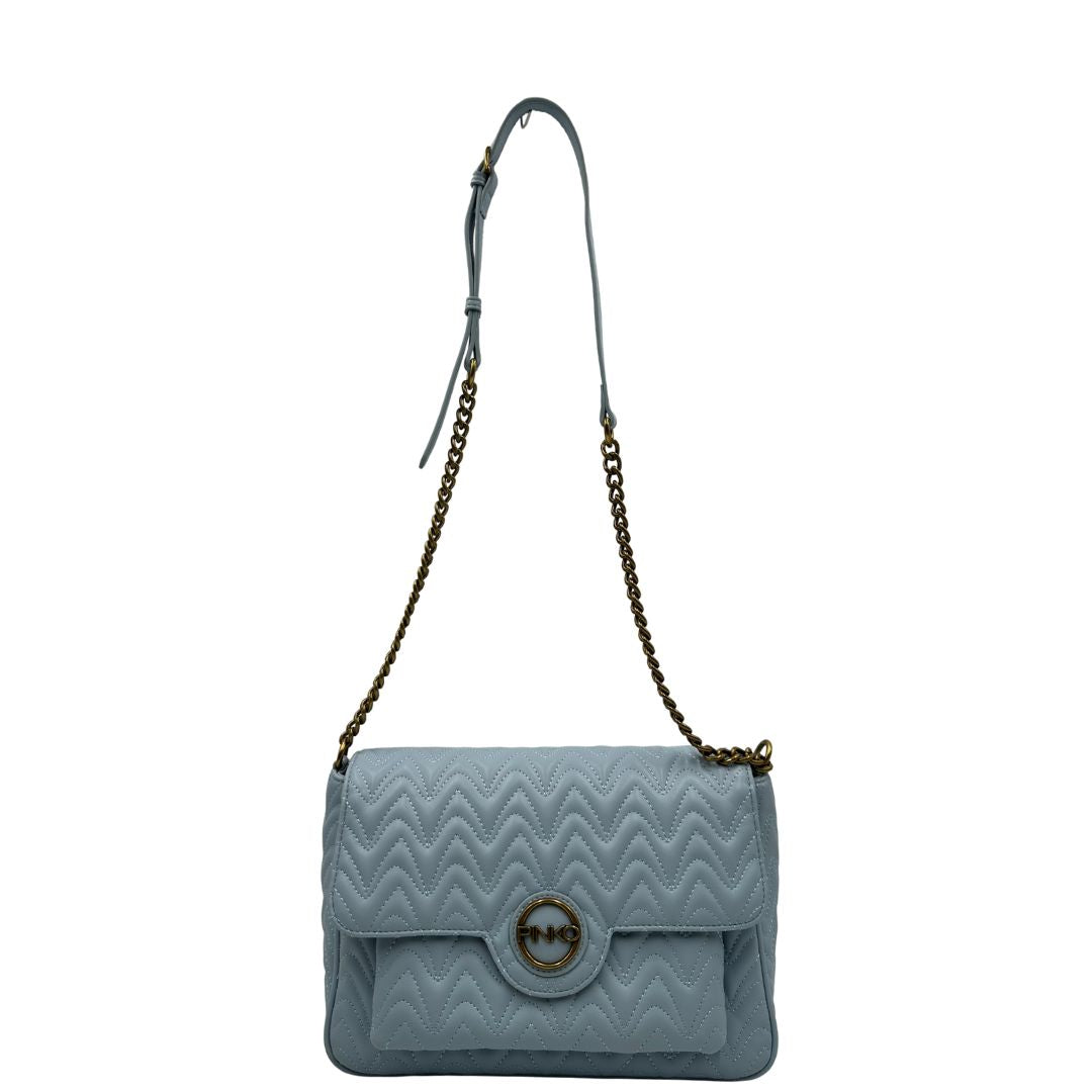  Front, Borsa Pinko in pelle caratterizzata da una trapuntatura ricamata a zigzag su tutta la superficie con hardware dorato. Indossabile a tracolla.