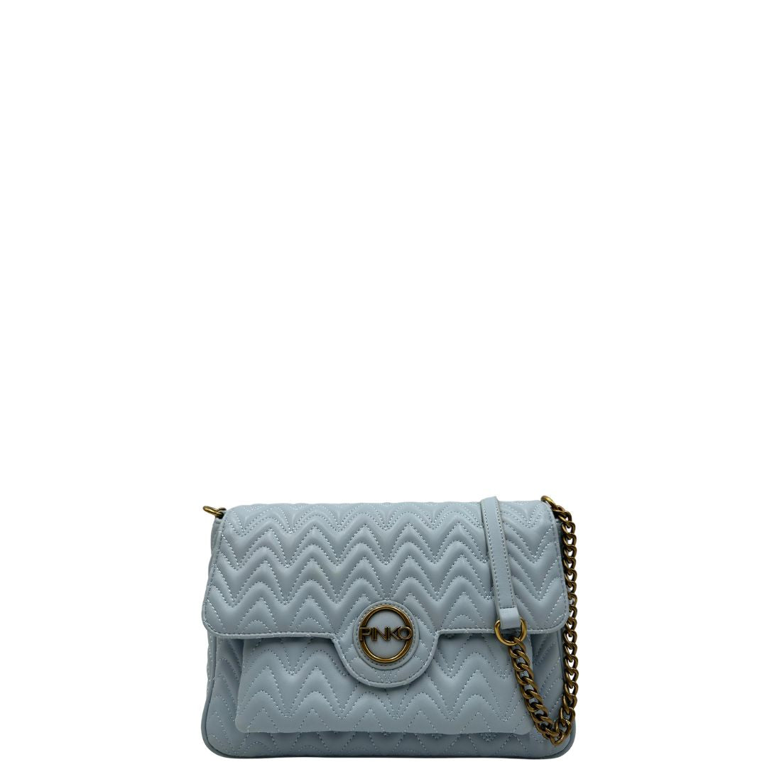Front, Borsa Pinko in pelle caratterizzata da una trapuntatura ricamata a zigzag su tutta la superficie con hardware dorato. Indossabile a tracolla.