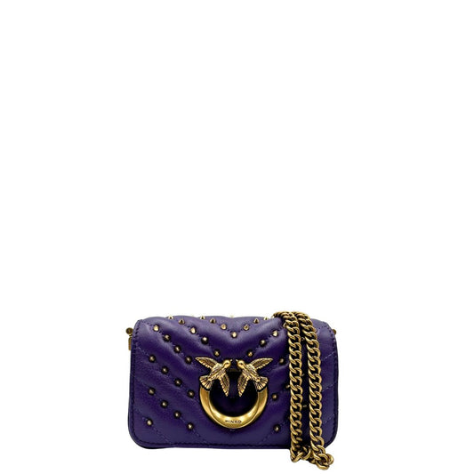 Borsa Pinko in pelle viola e hardware dorato, versione mini, indossabile a tracolla, di lusso, originale, ottime condizioni.
