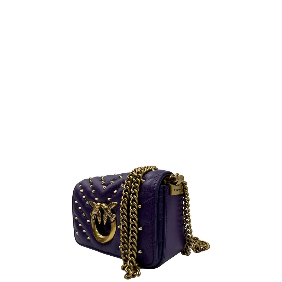 Borsa Pinko in pelle viola e hardware dorato, versione mini, indossabile a tracolla, di lusso, originale, ottime condizioni.