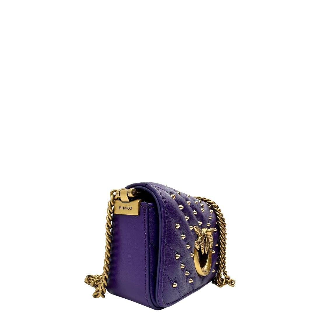Borsa Pinko in pelle viola e hardware dorato, versione mini, indossabile a tracolla, di lusso, originale, ottime condizioni.