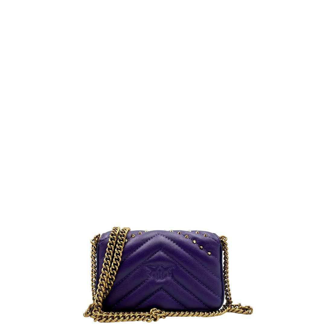 Borsa Pinko in pelle viola e hardware dorato, versione mini, indossabile a tracolla, di lusso, originale, ottime condizioni.