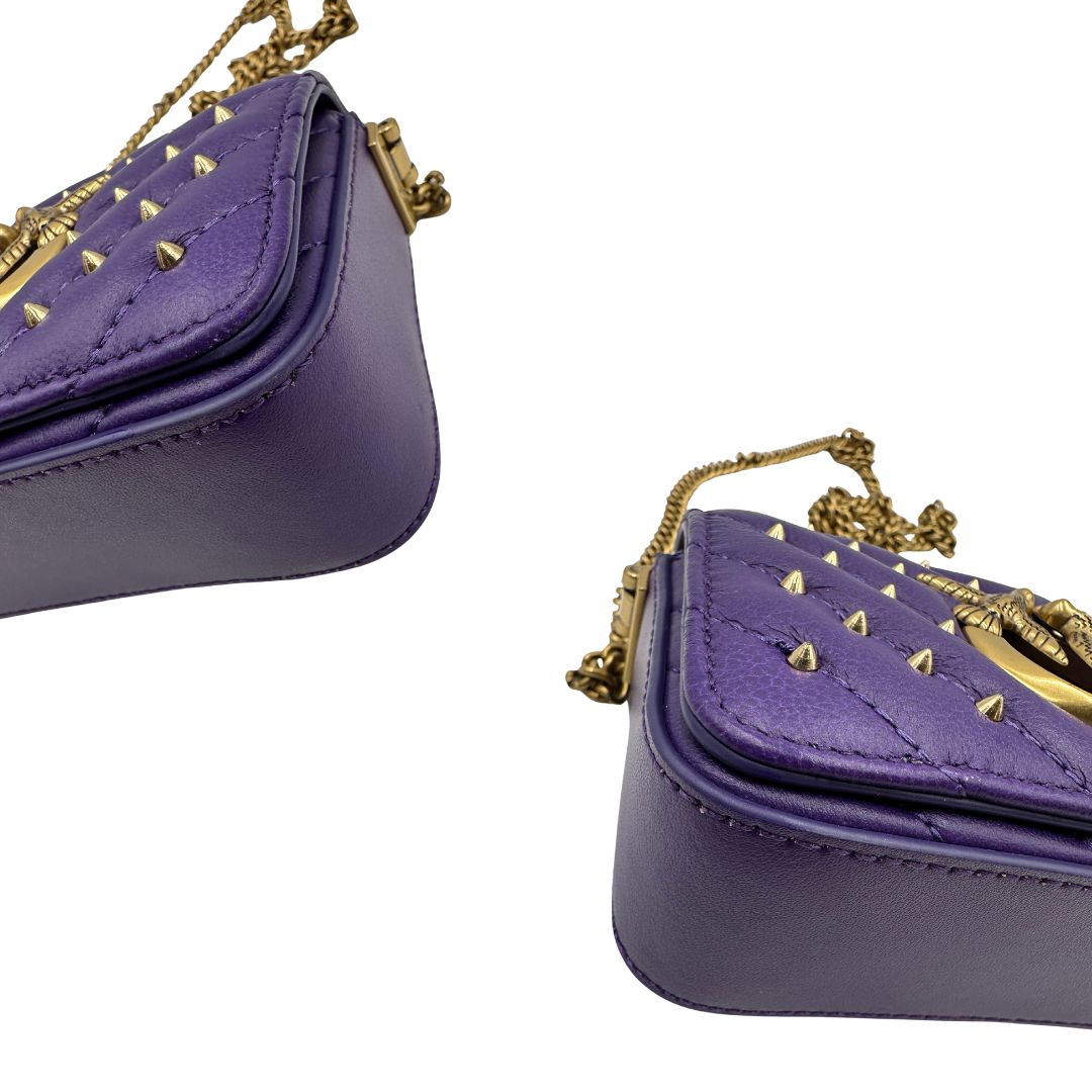 Borsa Pinko in pelle viola e hardware dorato, versione mini, indossabile a tracolla, di lusso, originale, ottime condizioni.