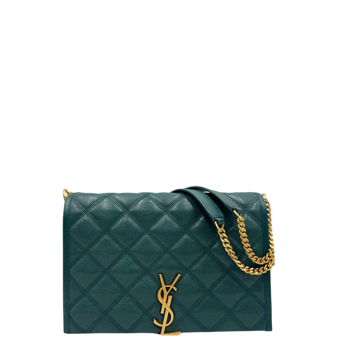 front  Borsa Saint Laurent in pelle trapuntata color verde petrolio con hardware dorato, dal design elegante e strutturato, di lusso, originale, ottime condizioni. 