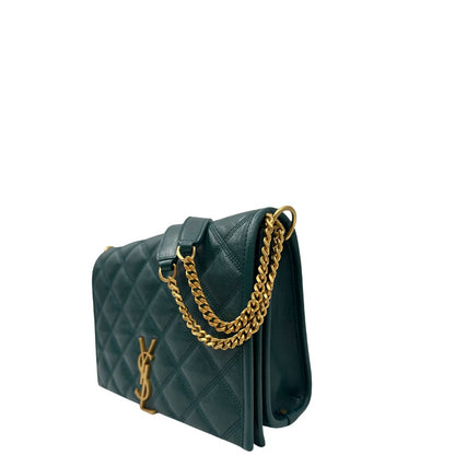  Borsa Saint Laurent in pelle trapuntata color verde petrolio con hardware dorato, dal design elegante e strutturato, di lusso, originale, ottime condizioni.