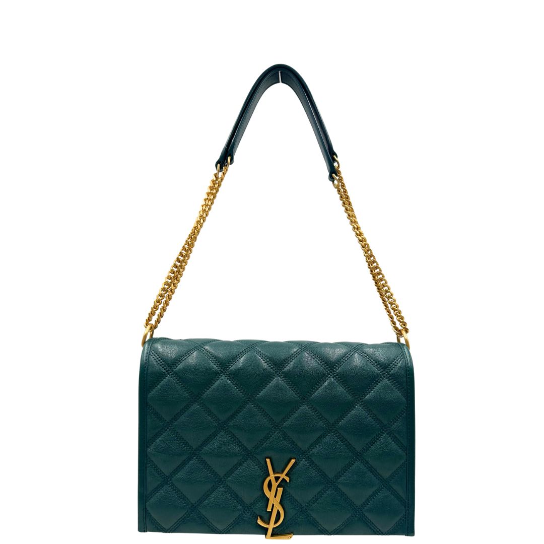  Borsa Saint Laurent in pelle trapuntata color verde petrolio con hardware dorato, dal design elegante e strutturato, di lusso, originale, ottime condizioni.