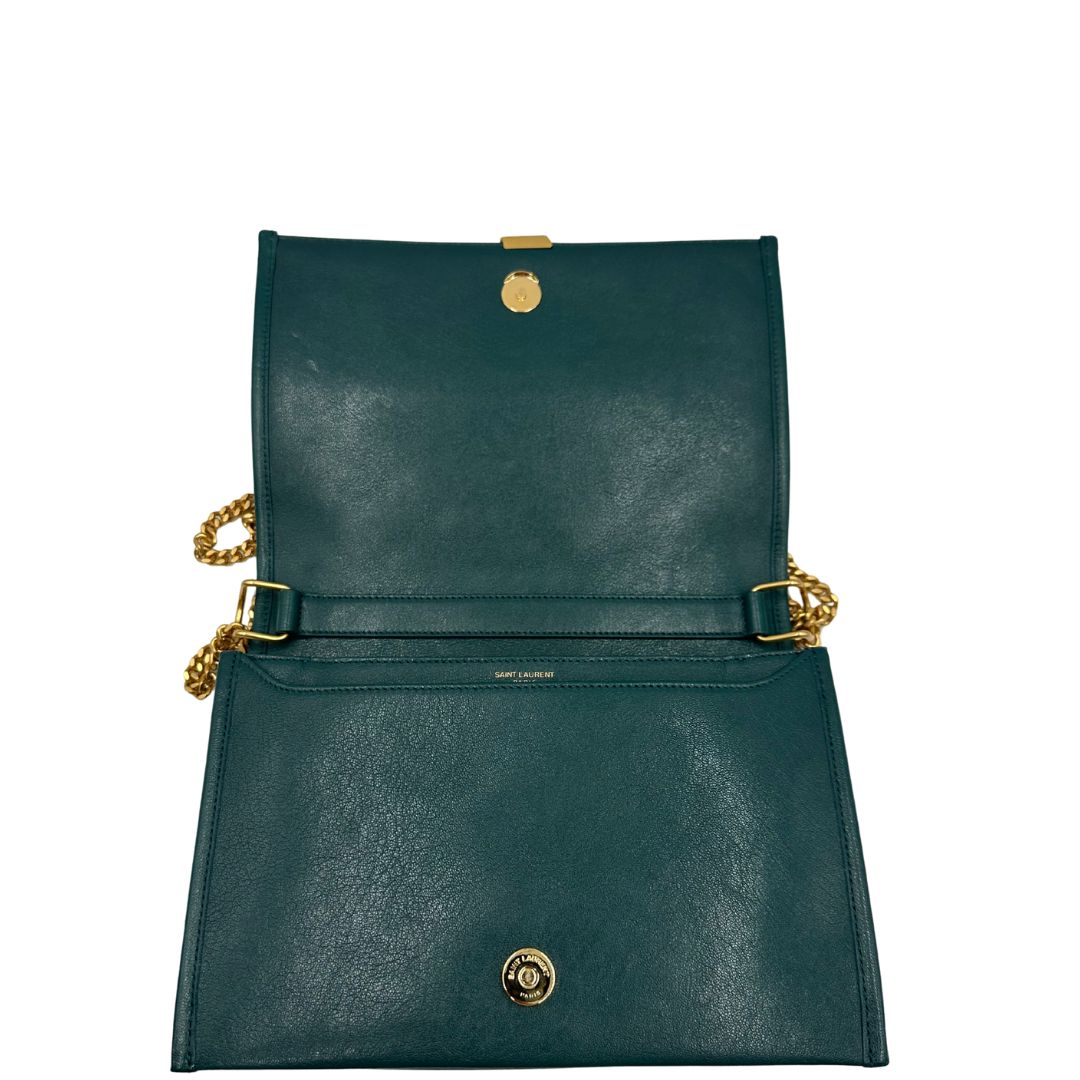  Borsa Saint Laurent in pelle trapuntata color verde petrolio con hardware dorato, dal design elegante e strutturato, di lusso, originale, ottime condizioni.