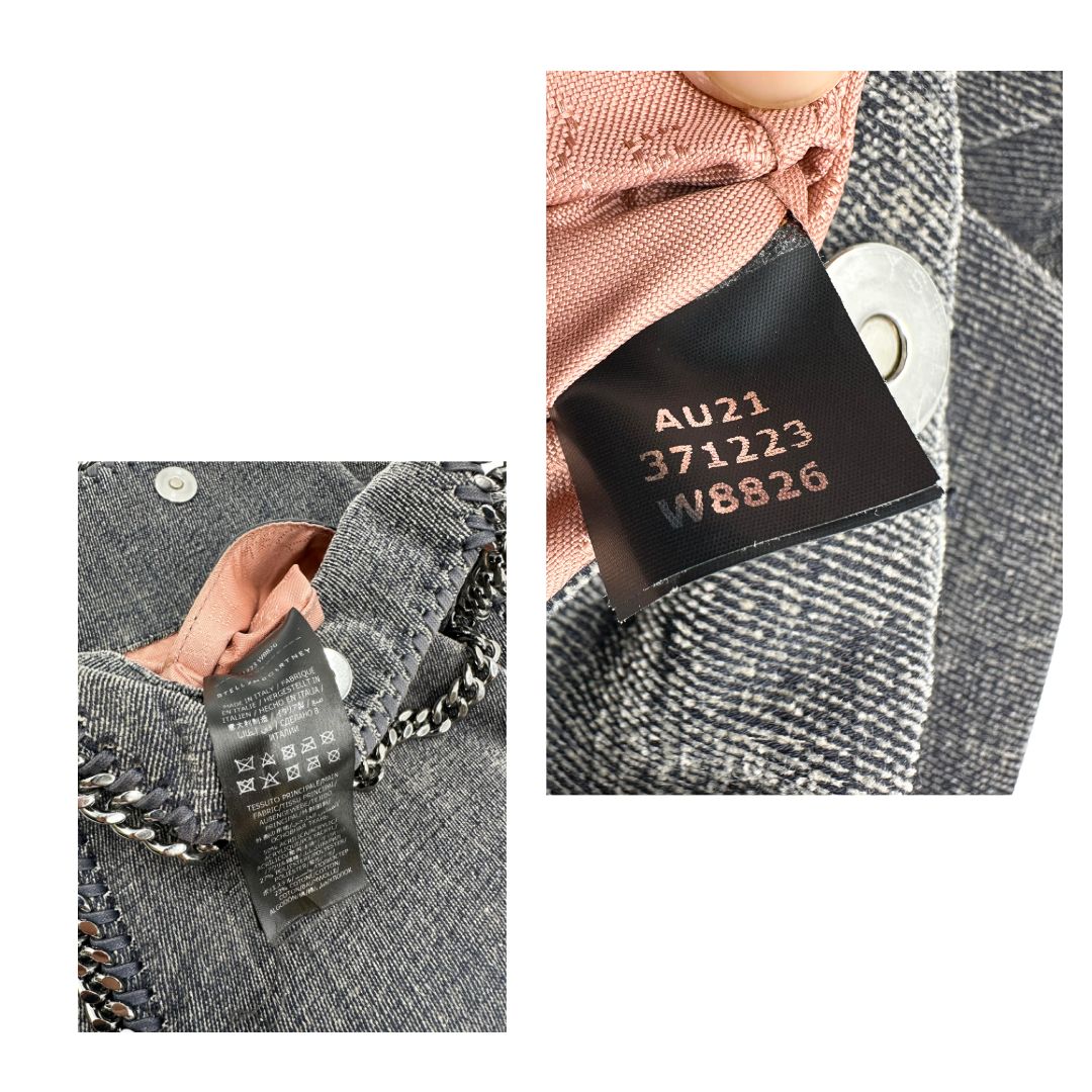 Borsa Falabella in shaggy dear grigio effetto denim e hardware argentato, nella versione mini, indossabile a tracolla, a spalla e a mano, di lusso, originale, ottime condizioni, usata.