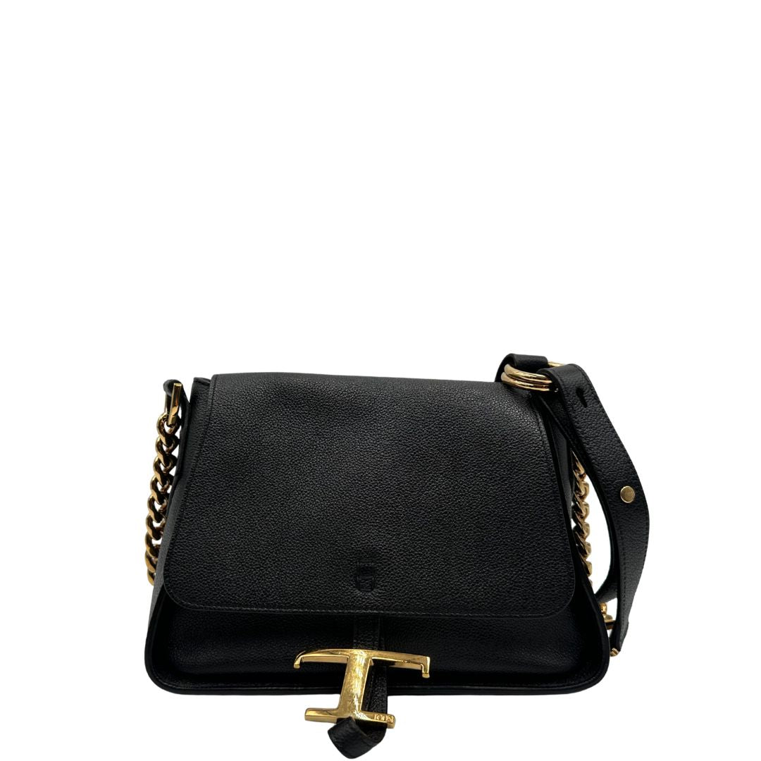Front, Borsa Tod's in pelle martellata nera con hardware dorato, indossabile a tracolla. Originale, usata, di lusso, in ottime condizioni.