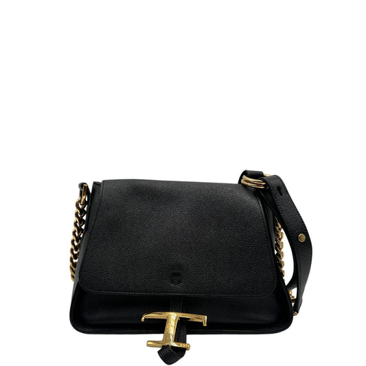 Front, Borsa Tod's in pelle martellata nera con hardware dorato, indossabile a tracolla. Originale, usata, di lusso, in ottime condizioni.