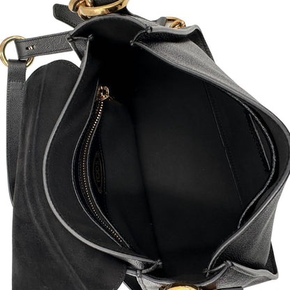 Interno, Borsa Tod's in pelle martellata nera con hardware dorato, indossabile a tracolla. Originale, usata, di lusso, in ottime condizioni.