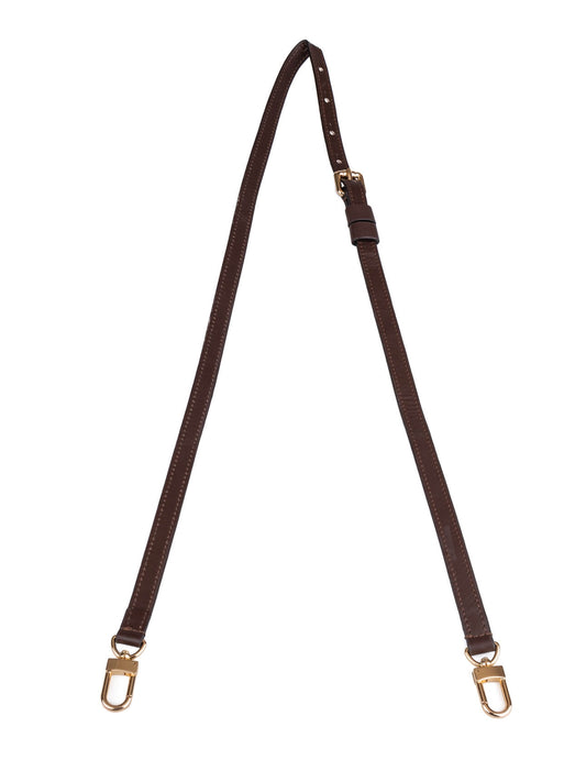 Removable shoulder strap in dark brown leather with gold hardware